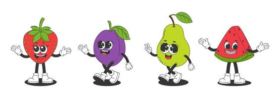 Set of retro fruit characters with arms and legs. strawberry, pear, plum, watermelon. illustration vector