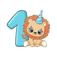 HAPPY birthday card for first birthday with lion. vector