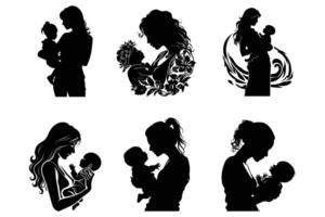 Mom and son, mother and son black silhouette. vector