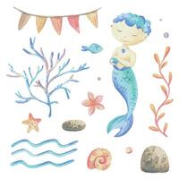 Mermaid is a little boy with fish, seashell, corals, algae, starfish. Watercolor illustration hand drawn with pastel colors turquoise, blue, coral, pink. Set of elements isolated from background. vector