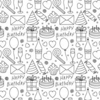 contento cumpleaños modelo. sin costura cumpleaños antecedentes. ilustración con pastel, regalo caja, fiesta sombrero, globos vector
