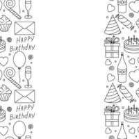 Happy birthday frame. Seamless birthday background. Illustration with cake, gift box, party hat, balloons. vector