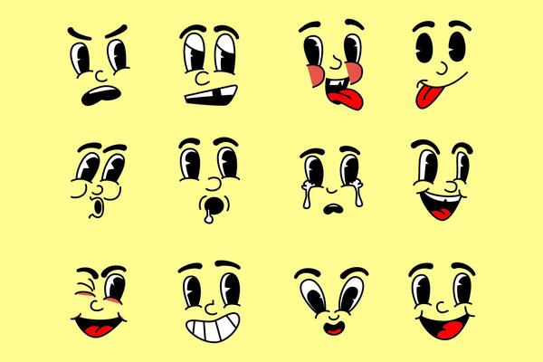 Cartoon Retro Mascot Set Monochrome Illustrations Vintage Style 30s, 40s, 50s cartoon style