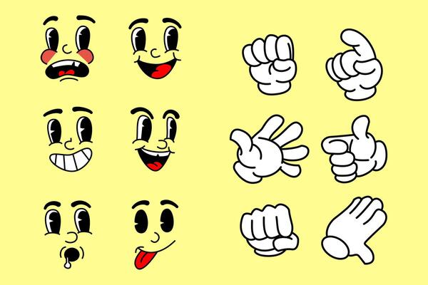 Cartoon Retro Mascot Set Monochrome Illustrations Vintage Style 30s, 40s, 50s cartoon style