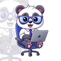 Cute panda sitting and working in front of a laptop vector