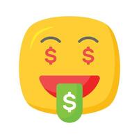 Rico emoji diseño, codicioso expresiones, dólar firmar en lengua vector
