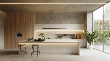 Sophisticated and Functional Modern Kitchen in Bright,Airy Open-Concept Space with Natural Wood and Glass Elements photo
