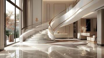 Majestic Marble Staircase in Opulent Luxury Hotel Lobby with Elegant Chandelier Lighting and Expansive Glass Windows photo