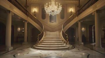 Magnificent Marble Staircase in Opulent Aristocratic Palace Entrance Hall with Ornate Chandelier Lighting photo