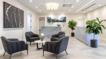 Sophisticated and Inviting Modern Office Lobby with Elegant Furnishings and Decor photo