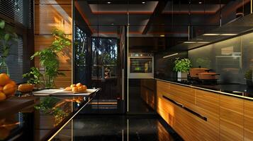 Sophisticated and Luminous Kitchen Interiors with Rustic Wood Accents and Lush Greenery photo