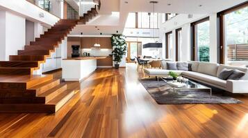 Spacious and Luxurious Modern Home Interior with Wooden Floors and Elegant Furniture Arrangement photo