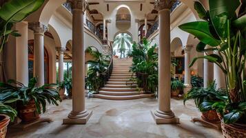 Magnificent Tropical Conservatory Entrance with Ornate Columns and Lush Greenery in Historic Palace Interior photo