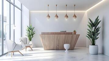 moderno y elegante vestíbulo diseño con de madera mueble y lozano interior plantas en un luminoso, espacioso corporativo ambiente foto