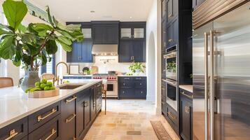 Sleek and Sophisticated Kitchen Design with Stainless Steel Appliances,Marble Countertops,and Lush Greenery Accents photo