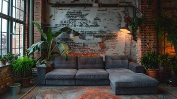 Rustic and Cozy Living Room with Lush Greenery and Industrial Brick Wall Backdrop Creating a Warm and Inviting Ambiance photo