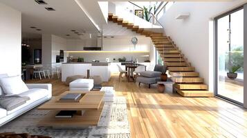 espacioso y atractivo concepto abierto hogar interior con pulcro de madera escalera y elegante mobiliario foto