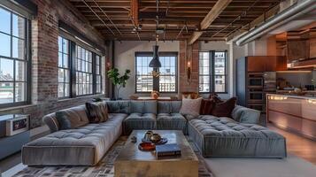 Spacious and Inviting Loft-Style Living Room with Plush Seating and Rustic Architectural Elements photo