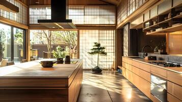 Serene and Sophisticated Japanese-Inspired Kitchen Oasis with Wooden Accents and Natural Lighting photo
