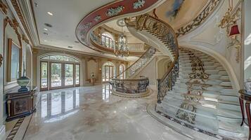 Magnificent Marble-Clad Foyer of an Opulent Luxury Mansion with Intricate Architectural Details and Ornamental Flourishes photo