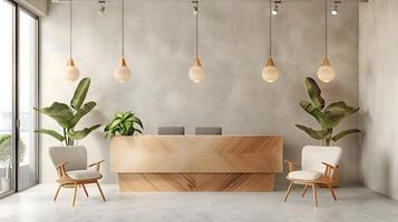 Sophisticated and Minimalist Corporate Lobby Interior with Wooden Furniture and Lush Greenery photo