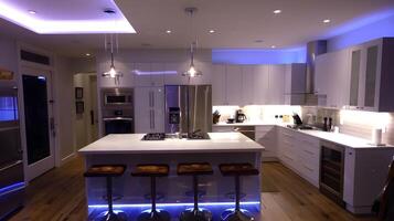 Sleek and Sophisticated Kitchen with Modern Amenities and Stunning Lighting Accents photo