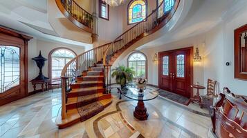 Magnificent Opulent Foyer with Curved Ornate Staircase,Towering Chandelier,and Exquisite Marble Flooring in Luxurious High-End Residence photo