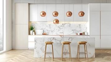 Sleek and Sophisticated Modern Kitchen Design with Marble Countertops and Copper Pendant Lighting photo