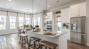 Spacious and Bright Modern Kitchen with Sleek Appliances and Inviting Dining Area photo