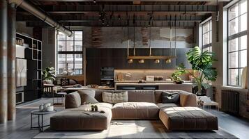 Sophisticated Urban Loft with Inviting Industrial-Inspired Interiors and Plush Furnishings photo