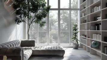 Serene and Bright Living Area with Expansive Windows,Cozy Seating,and Elegant Bookshelves in a Modern,Minimalist Interior Design photo