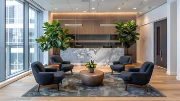Sophisticated and Inviting Corporate Lobby Showcasing Sleek Furniture Arrangements,Lush Greenery,and Abundant Natural Lighting photo
