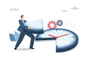 Time allocation, time distribution or planning to increase project efficiency, business man allocates time isolated from large clock. design illustration. vector