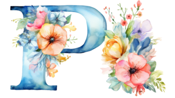 Watercolor Letter P Sticker on isolated Transparent background. Format png