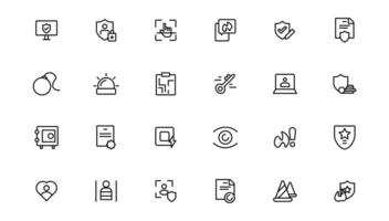 Security line icons set. Cyber lock, unlock, password. Guard, shield, home security system icons. Eye access, electronic check, firewall. Internet protection, laptop password.Outline icon. vector