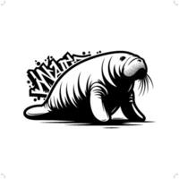 manatee dugong silhouette, animal graffiti tag, hip hop, street art typography illustration. vector