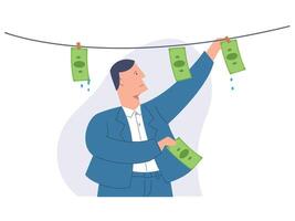 Smiling businessman hanging money on ropes. money laundering. Corruption concept vector