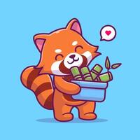 linda rojo panda traer bambú en Cubeta dibujos animados vector