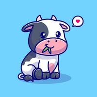 linda vaca sentado y comiendo césped dibujos animados vector