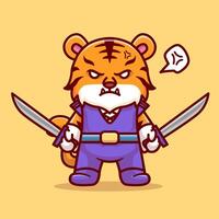 Cute Tiger Warrior Holding Sword Cartoon vector