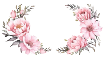 Radiant Round Watercolor Floral Wreath with Peony on isolated Transparent background. Format png