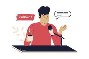 Man talking and recording audio podcasts or online shows vector