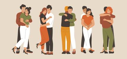 Set of different happy diverse hugging people vector