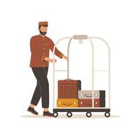 Bellboy with luggage trolley vector