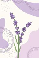 Botanical wall art with lavender sprig and spots in trendy style. Concept template for greeting cards, banner, social media design, invitations, covers, wall art. vector