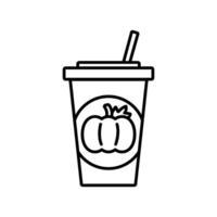 Glass with Pumpkin Latte or Cappuccino. Outline icon. Seasonal coffee with taste. Autumn hot drink to go. Disposable cup with straw. Linear image. Isolated picture. illustration. vector