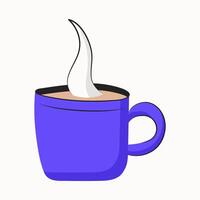 Cup with hot drink with steam. Dishes with coffee. Purple mug with handle. Isolated item. Flat design with outline. illustration. vector