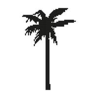 Silhouette of pixel palm tree. Game style of 90s, 8-bit. Black tropical beach tree on white background. Trunk and palm leaves. Botany, nature. Isolated object. illustration. vector