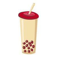 Glass with bubble tea or coffee. Cold drink with balls. Drink to go. Drawn disposable glass and straw. Flat style. Isolated item. illustration. vector