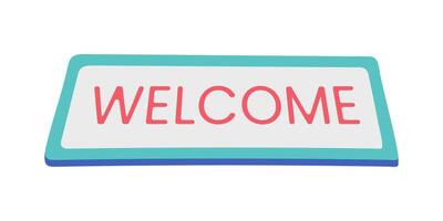 Welcome Carpet in front of the entrance. Mat with text. Rug in perspective. Piece of Furniture. Isolated object. Color image - blue, pink shades. Isometric in flat style. illustration. vector